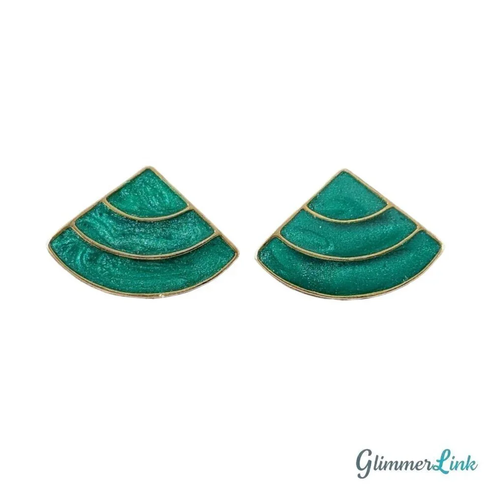 Vintage 1980s Green Enamel Striped Triangle Gold Tone Clip On Earrings